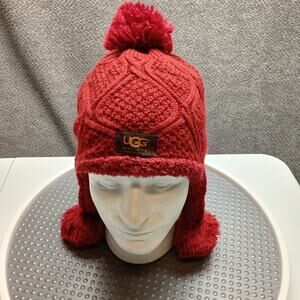 Ugg Australia Adult Knit Fleece Pom Tassel Hat Red